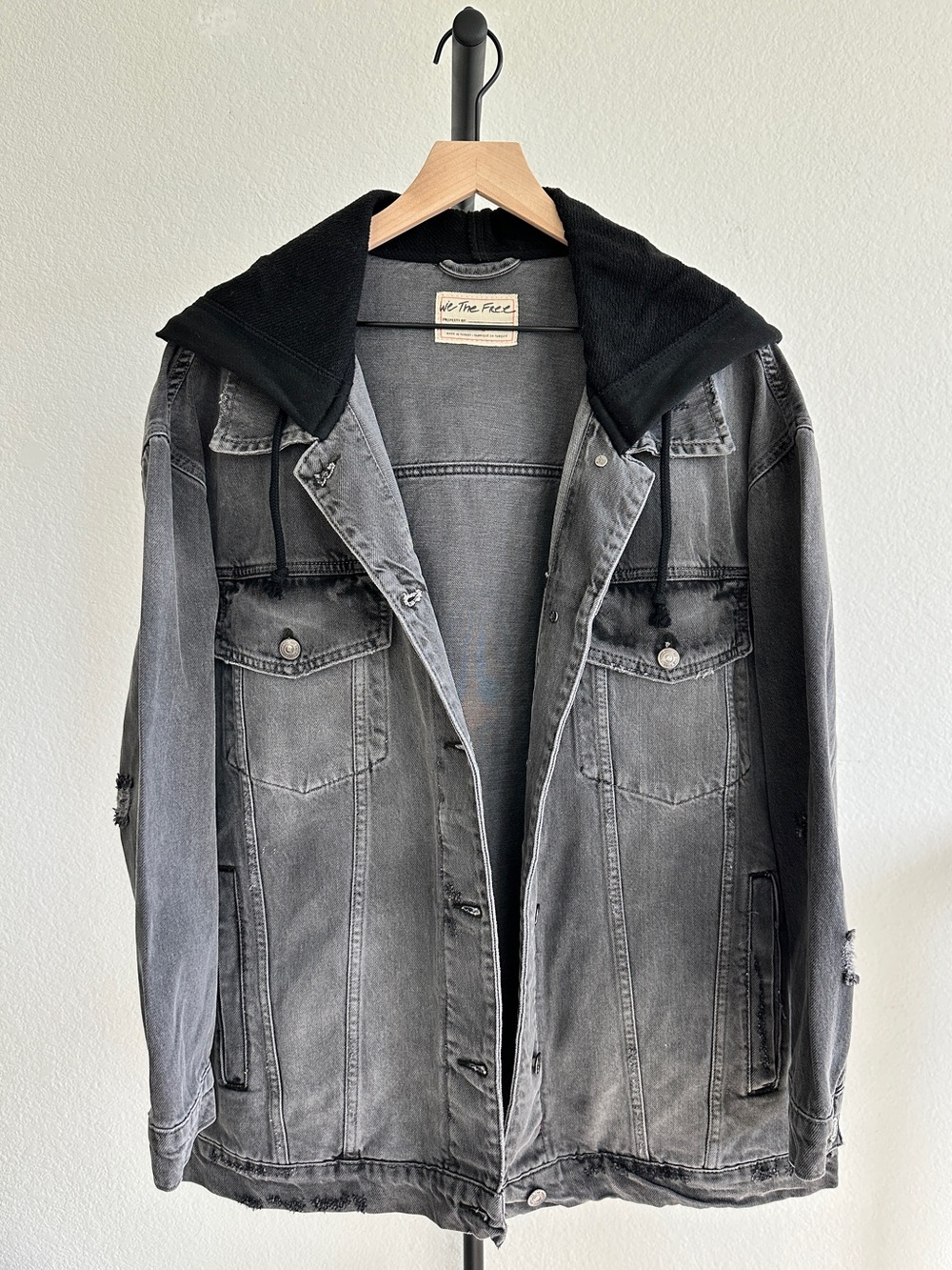 We The Free Free People Oversized Hooded Distressed Denim Jacket Medium